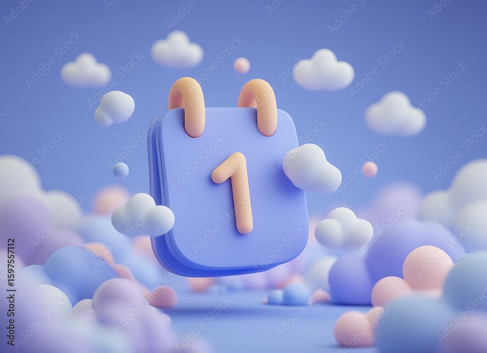 Fototapete 3d rendered calendar icon with number 1 and clouds around
