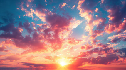 Fototapeta premium Radiant sunset with vibrant clouds painted in hues of pink, orange, and blue, creating a serene atmosphere.