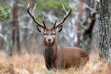 Red deer stag standing in a forest clearing