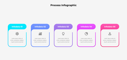 Infographic template displaying a process with five steps, icons, and text descriptions. Ideal for business, education, and presentations to visualize workflows and concepts