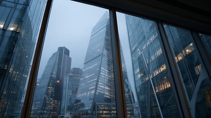 Fototapeta premium Modern skyscrapers seen through large windows in an urban setting