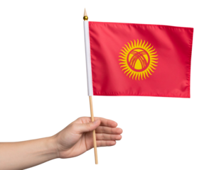 Hand Holding Small Kyrgyzstan Flag on Stick, Straight-On View, Isolated PNG.