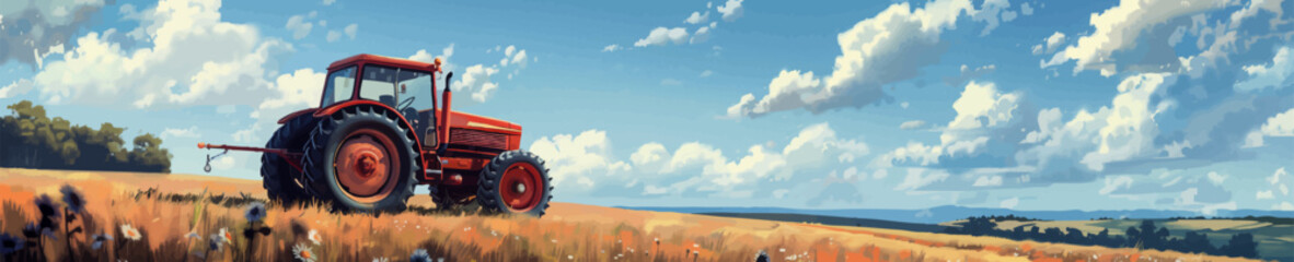 Obraz premium red tractor operating in a golden wheat field under a bright sky with dramatic clouds. Generative ai vector illustration. Wide banner image