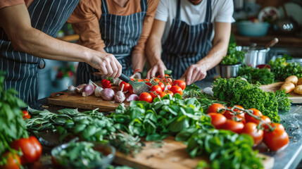 Home Chefs Preparing Food: A group of people cooks together, chopping fresh tomatoes and greens on wood boards.