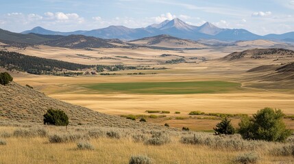 Vast valley with distant mountains, golden grasslands, and scattered trees