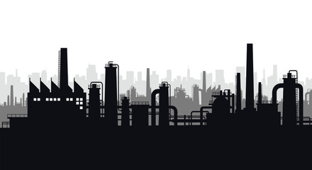 Industrial factory silhouette with smokestacks and pipelines against cityscape backdrop