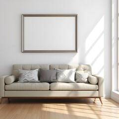 A modern living room features a comfortable neutral toned sofa adorned with decorative pillows positioned beneath a large empty framed picture on a white wall bathed in natural sunlight streaming from
