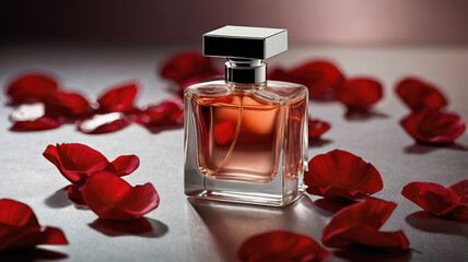 Red rose perfume bottle still life