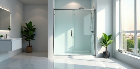 Fototapeta premium Modern glass shower cabin in a bright bathroom, shower head, chrome, stylish