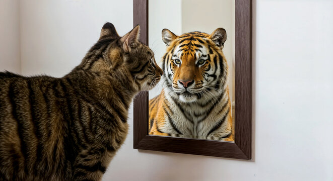 a domestic cat sees itself as a powerful tiger in a mirror