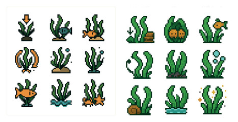 Obraz premium Aquatic life pixel art icons set – sea creatures, marine, underwater symbols