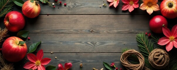 Rustic wooden background, vintage ornaments, photo spaces , red, overlay