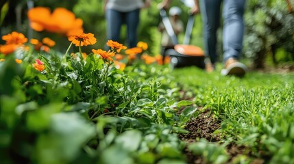 People participating in gardening and lawn care activities including planting flowers, mowing grass, and weeding in suburban or urban environments promoting outdoor home care.
