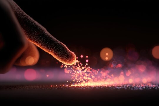 Close-up of fingertip interacting with glowing particles, creating a trail
