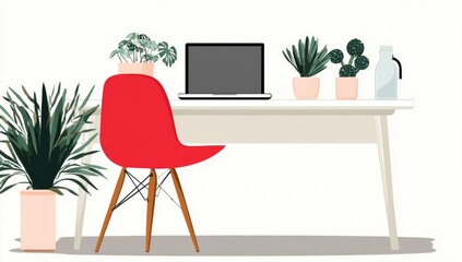 A minimalist, home office scene featuring a red chair, laptop, and various potted plants on a white table