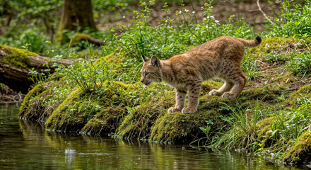 Obraz premium a wild european lynx standing by the water's edge in a forest