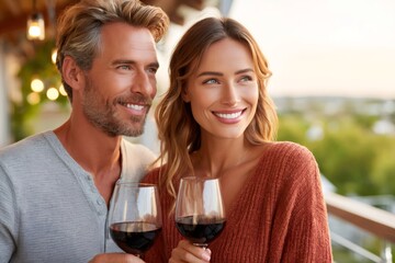Happy couple smiling and drinking red wine on balcony during sunset