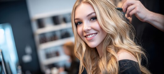 Fototapeta premium The beautiful woman enjoying a hair styling appointment in a modern salon.