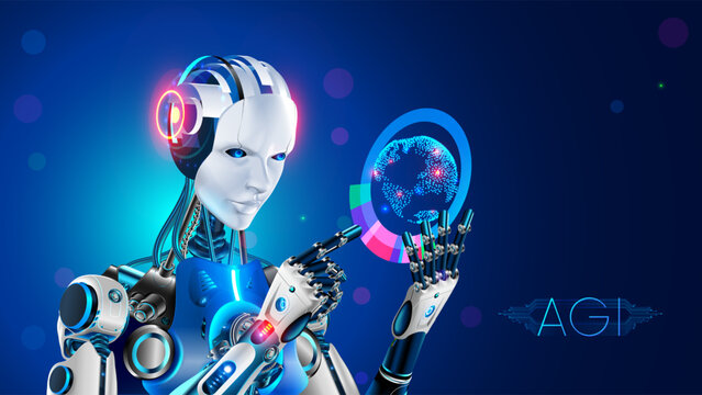 A robot or cyborg with AI holds a projection of the Earth in his hands. Artificial general intelligence or AGI logo. AGI takes care of the Earth. Humanoid AI robot with projection interface of Earth.