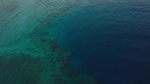 Top down drone of deep reef system in dark and light turquoise tones