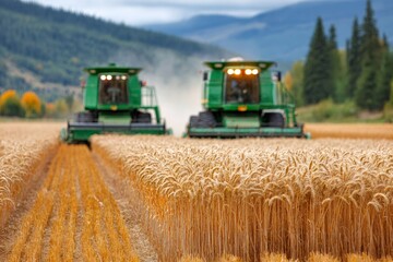 Fototapeta premium Combine harvesters working in wheat field during harvest