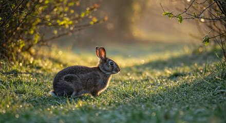 a cute european rabbit sits in a grassy field at sunset