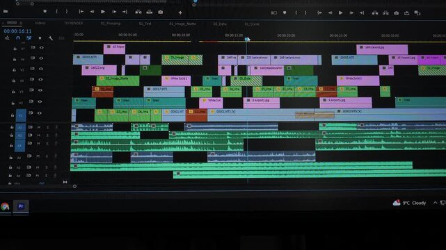 Detailed video project timeline with multiple layers and audio tracks, Editing window showing complex media sequence and synchronized sound design