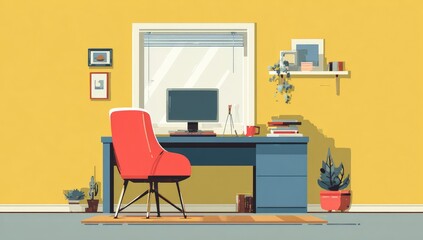 Home office interior, yellow walls, red chair, desk