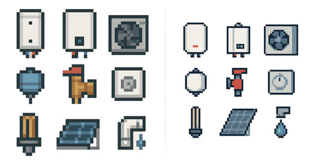 Fototapeta premium Home appliance pixel art icons set – 3d, household, electronic device symbols
