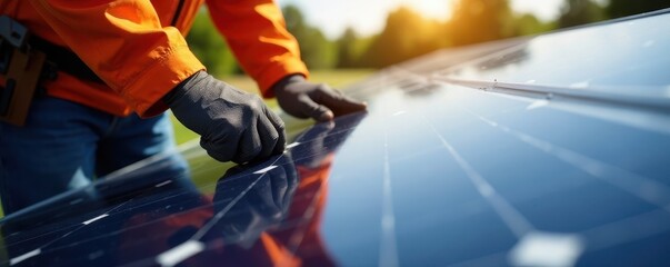 Close-up of solar panel connection during installation, renewable, technology