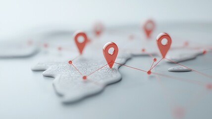 Red and white location communication connected by red lines on a world map represent global logistics, network, travel, and pins