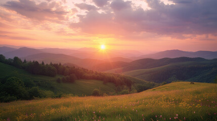 Sunrise over rolling hills and green pastures, with a vibrant, colorful sky and peaceful ambiance.