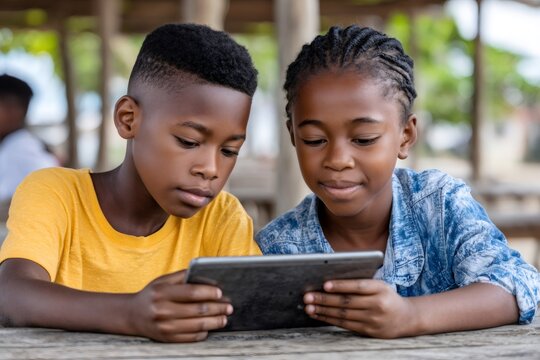 Two african children sharing a digital tablet at a wooden table