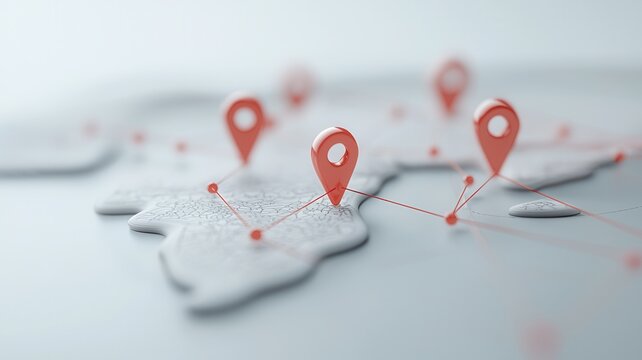 Red and white location communication connected by red lines on a world map represent global logistics, network, travel, and pins
