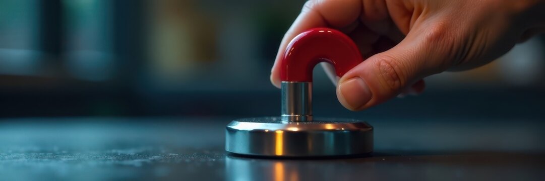 Close-up of hand using magnet to lift metallic object, technology, hand, design