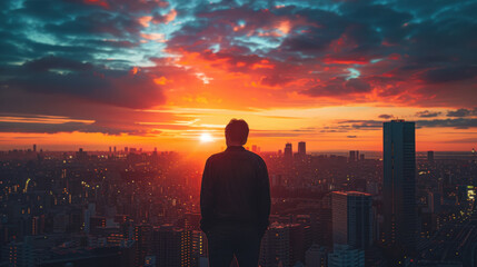 Man Silhouetted Against a Dramatic Sunset Over a Cityscape. Urban observation, peace and contemplation.