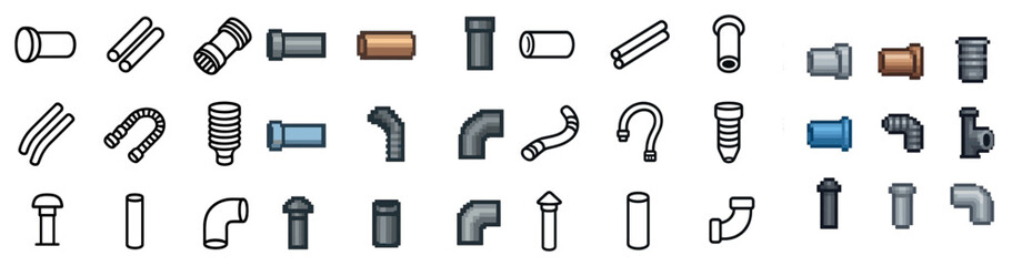 Obraz premium Plumbing and pipework pixel art icons set – linear, outline, construction and repair tools