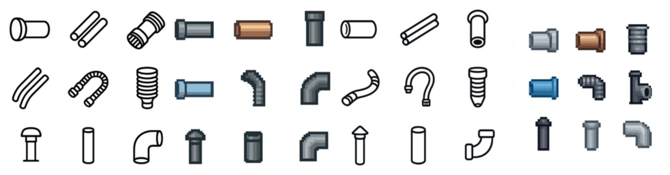 Plumbing and pipework pixel art icons set &ndash; linear, outline, construction and repair tools