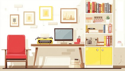 Fototapeta premium Cozy home office with bookshelves, desk, and chair
