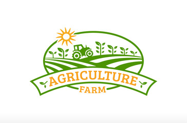 Agriculture Farm Land Logo Tractor And Tree Plant Logo Design Vector Icon Symbol Silhouette Illustration brand business company, green food farming company logo, crop grain bakery agro cattle ranch