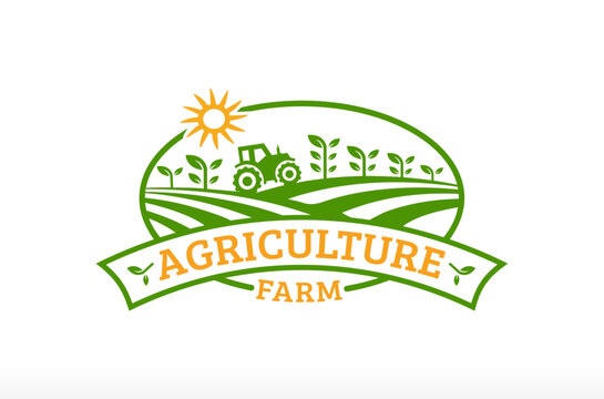 Agriculture Farm Land Logo Tractor And Tree Plant Logo Design Vector Icon Symbol Silhouette Illustration brand business company, green food farming company logo, crop grain bakery agro cattle ranch
