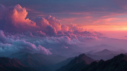 Stunning sunset paints dramatic clouds over layered mountain peaks with vibrant pink and purple hues