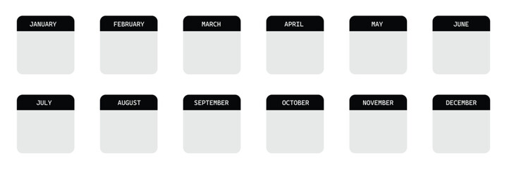 Blank calendar page. Monthly templates. Month list. Twelve month layout. Each month graphic. Empty calendar. Black and white. Fillable month blocks. Year planner. EPS 10 . 