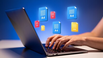 Person typing on laptop with floating document icons representing digital files and document management system for efficiency