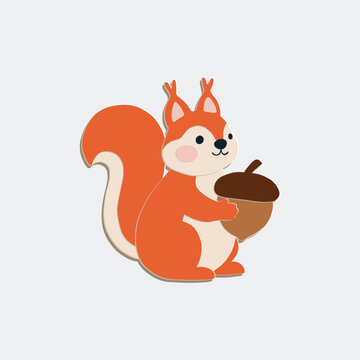 Squirrel holding acorn illustration paper cutout style isolated autumn fall theme vector