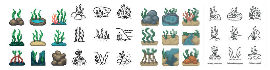 Aquatic plants pixel art icons set – pixel, outline, seaweed and marine symbols