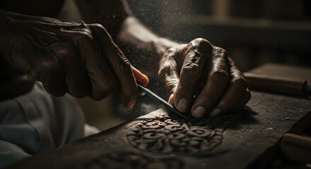 An atmospheric photo of a master craftsman's hands carving wood, with dust particles illuminated by dramatic lighting in a workshop.