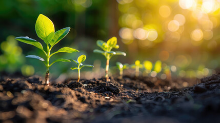 Seedlings emerging from soil, illuminated by the golden sunlight. New life bursts forth in a vibrant display.