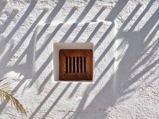 A window with a wooden grate in it. The window is in the shade. The shade is on the wall