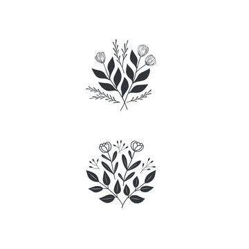 Set of two stylized bouquets of flowers. Floral logos, emblems, signs.